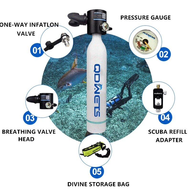 QDWETS 수중 다이빙 산소 탱크, 분실 로프 포함, 휴대용 스쿠버 호흡기, 스노클링 장비, 다이버 산소 탱크, 0.5L