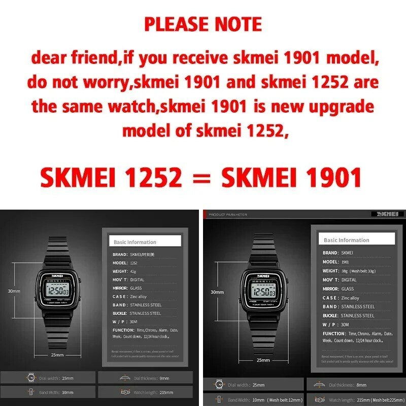 SKMEI1901 여성용 최고 브랜드 럭셔리 3 바 방수 숙녀 시계, 소형 다이얼 디지털 시계, Relogio Feminino 패션 스포츠 시계
