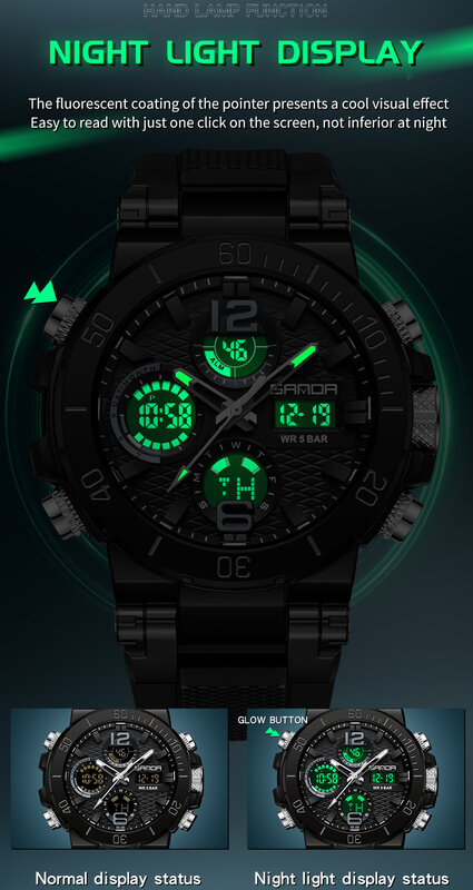 Sanda 2024 nowy podwójny ekran męski cyfrowy zegarek nocny wodoodporny wielofunkcyjny popularny męski budzik zegarek na rękę 6167