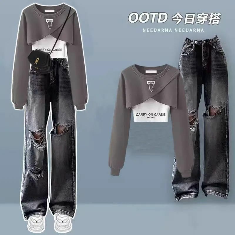Conjunto em camadas de mangas compridas feminino, alças penduradas, jeans perfurado, moda, moda coreana, outono, 3 peças