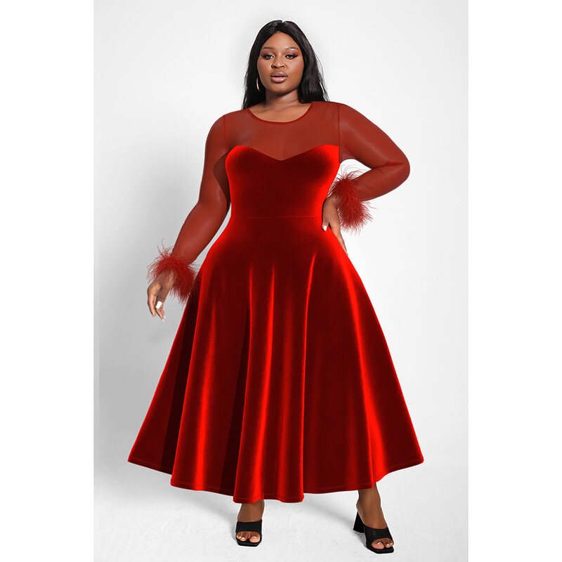 Plus Size Koktajlowe sukienki midi Eleganckie czerwone jesienno-zimowe sukienki midi z długim rękawem i dekoltem w szpic