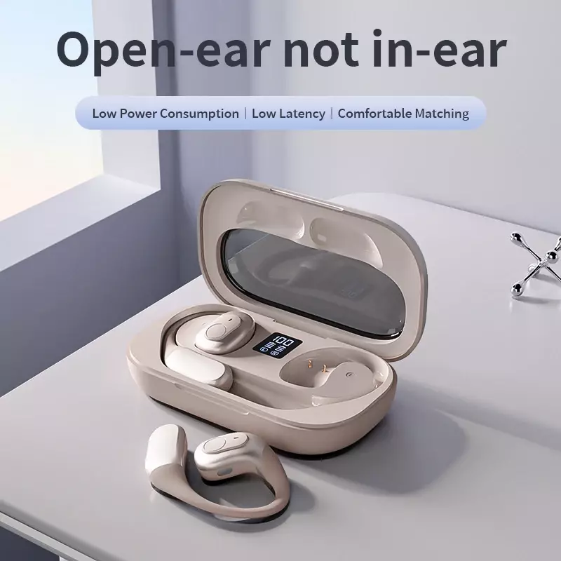 Earphone Bluetooth 5.3 Konduksi Udara Headphone Nirkabel Display Led Tahan Air Olahraga Earbud Stereo HiFi Headset Telinga Terbuka