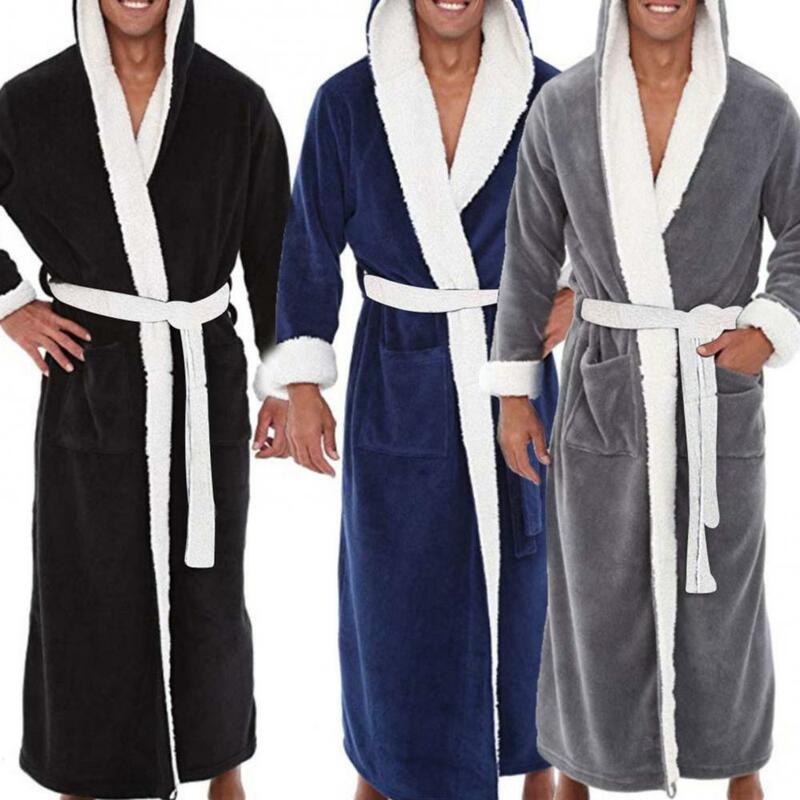 Pakaian Tidur Saku Lembut Pria Bulu Karang Warna Blok Jubah Mandi Panjang Gaun Rumah Pakaian Tidur