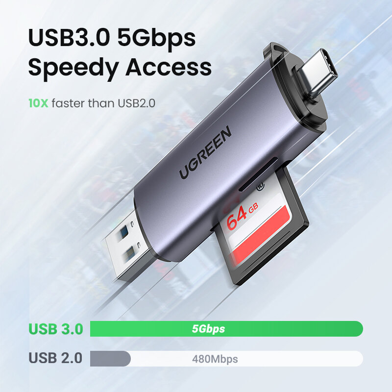 UGREEN Кардридер USB3.0&Type C для SD MicroSD TF Thunderbolt 3 для ПК Ноутбук Аксессуары Smart Memory Cardreader SD Card Reader