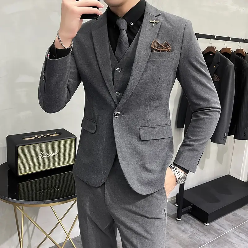 (Jaket + Rompi + Celana) Pakaian Bisnis Kasual Pria Warna Solid Fashion Butik Merek High-End Gaun Pernikahan Pengantin Pria Set 3 Potong