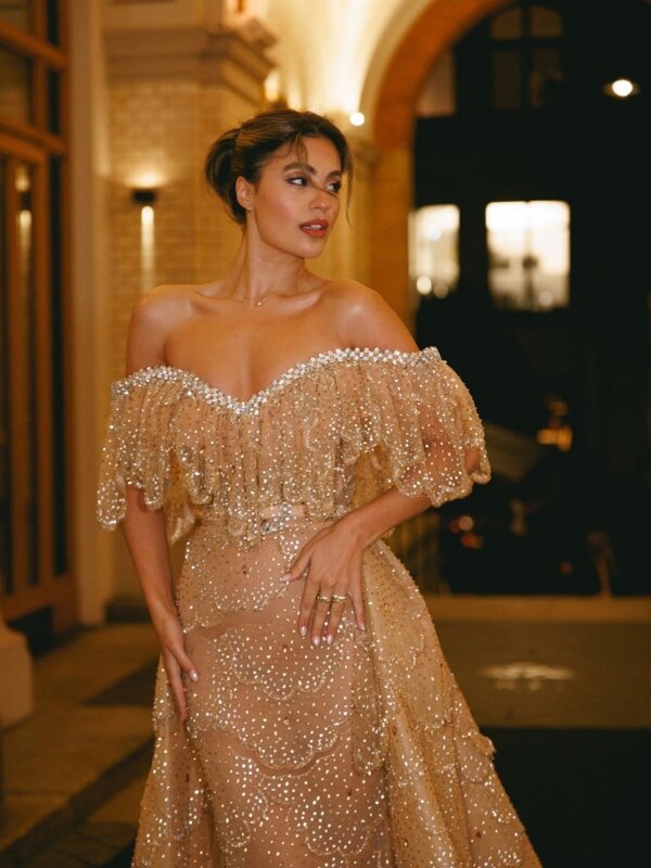 Stunning Tiered Evening Dress Elegant Crystals Sequins Bride Robe Shiny With Detachable Tail Bridal Dresses Vestidos De Novia