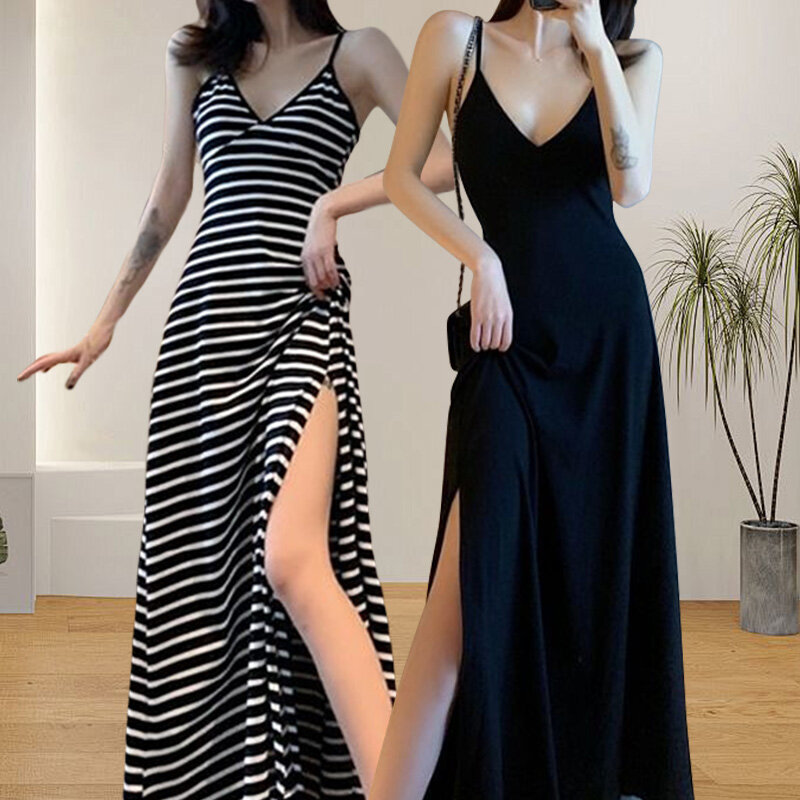 Женское платье с V-образным вырезом, черное платье в полоску без рукавов, с V-образным вырезом