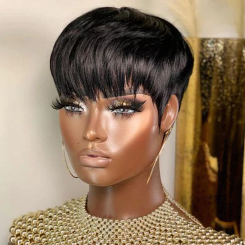Pelucas de cabello humano Natural con corte Bob Pixie para mujeres negras, pelo Natural brasileño liso con flequillo, sin pegamento