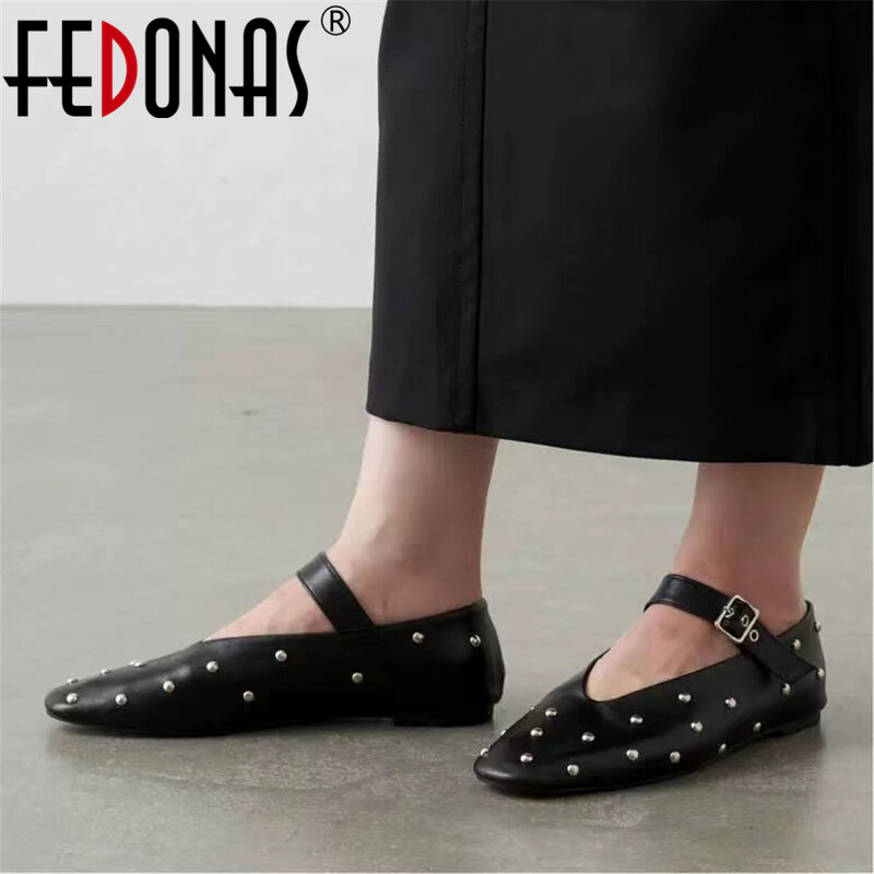 FEDONAS 2024 New Rivets Women Flats Genuine Leather Buckles Spring Summer Fashion Soft Leather Shoes Mary Jane Flats Shoes Woman