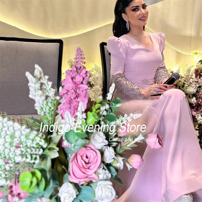 Gaun Prom Indigo putri duyung V-Neck lengan panjang manik-manik Satin menyapu kereta 2024 lipatan gaun malam elegan untuk wanita الolnya