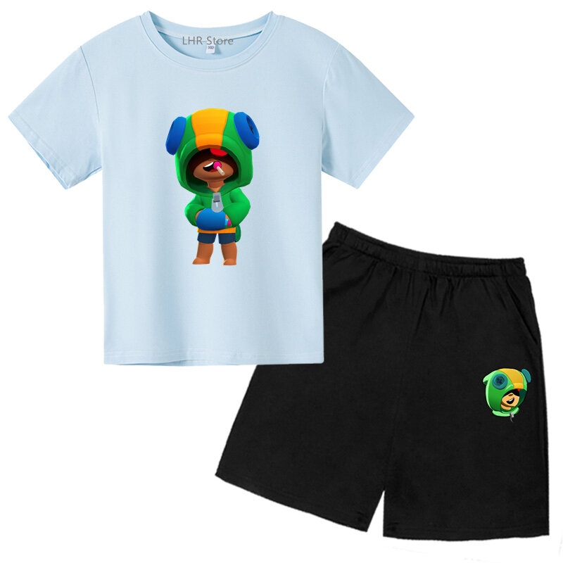 애니메이션 격투 게임 여름 어린이 세트, 레저 반팔 라운드넥 티셔츠 및 반바지 프린트 의류, 3-12 세 소년 소녀