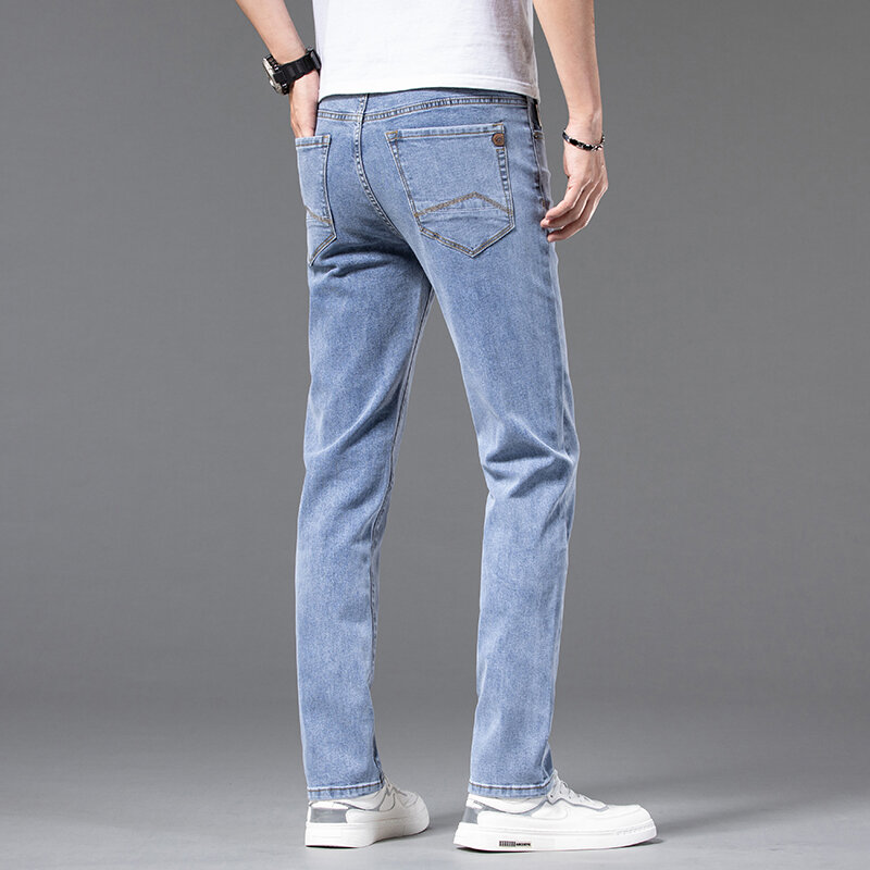 Jean droit en coton extensible pour hommes, pantalon bleu clair, léger, classique, à poches, pour jeunes hommes, nouvelle collection été automne