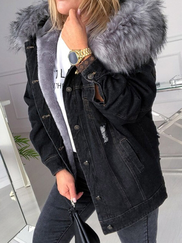 Women's Denim Jacket Warm Faux Fur Oversized Outerwear Hooded Female Clothing For Autumn Winter Button Down Long Sleeve Coat