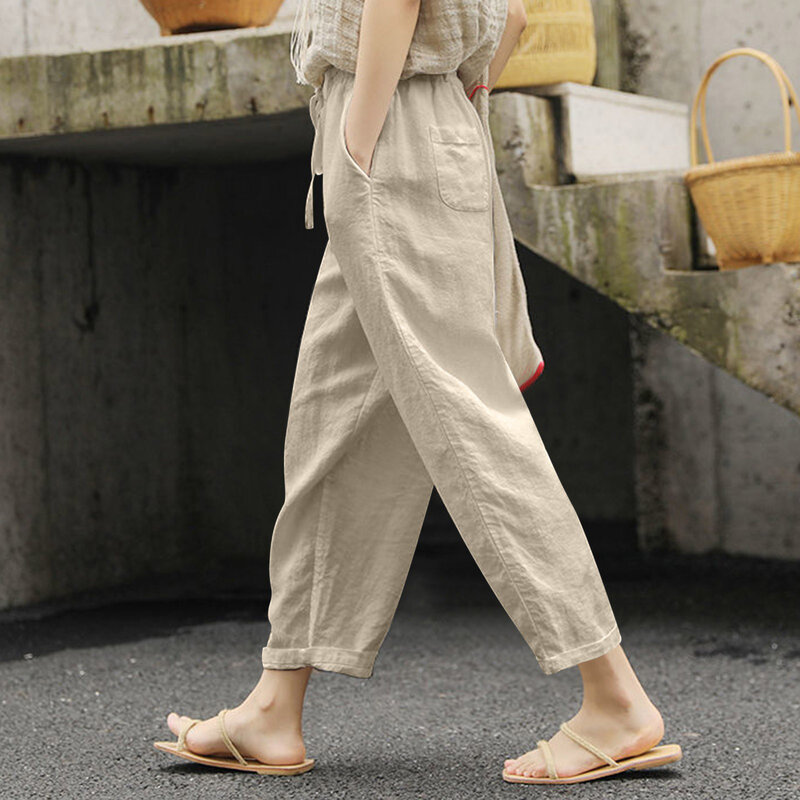 Summer Casual Thin Trousers Women Cotton Linen Solid Color Pockets Drawstring Pants Ladies Simple Street Elastic Waist Pants