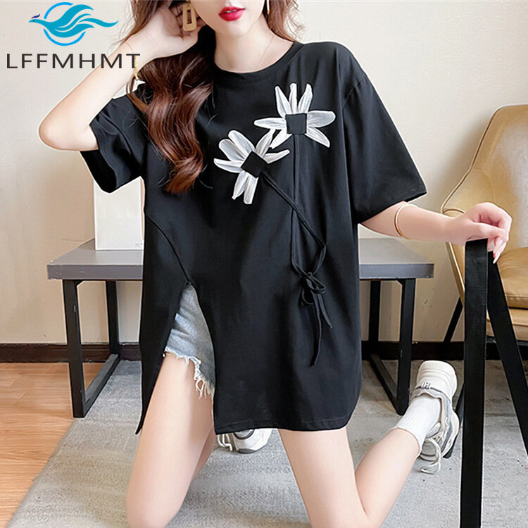 Dual Core Yarn Cotton Embroidery Chic Split Short Sleeve T-shirt for Women Summer Fashion Korean Style Loose Casual Pullover Top