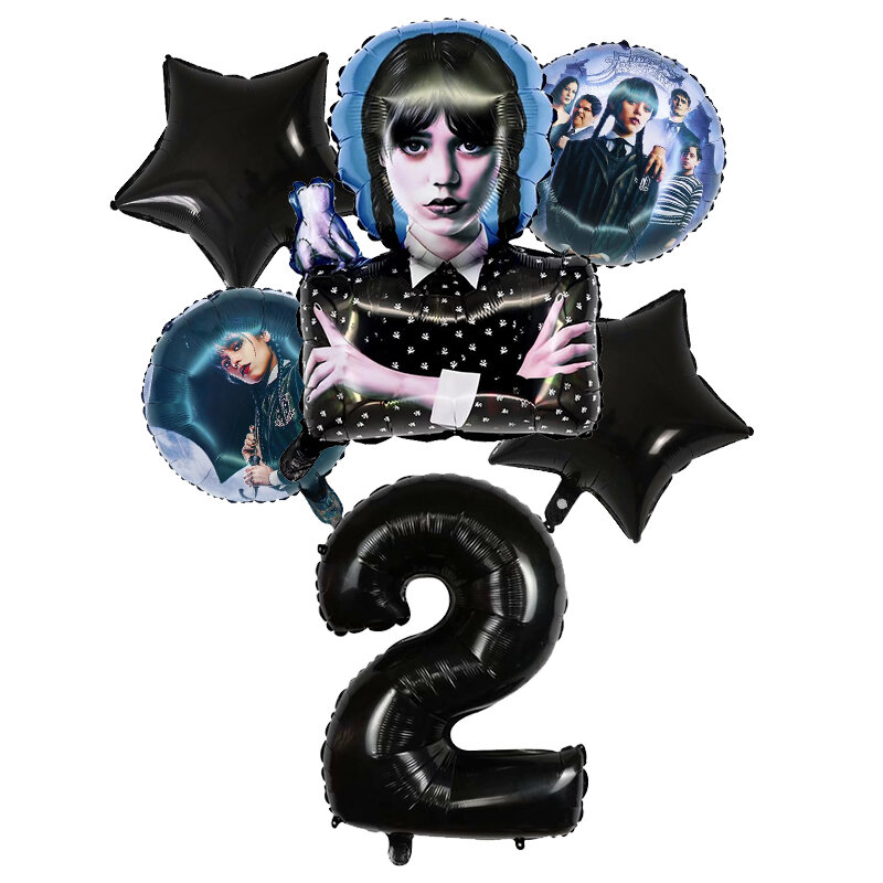 6pcs Wednesday Addams Balloons Cartoon Birthday Decoration Banner Cake flags Number Baby Shower Happy Birthday Gifts