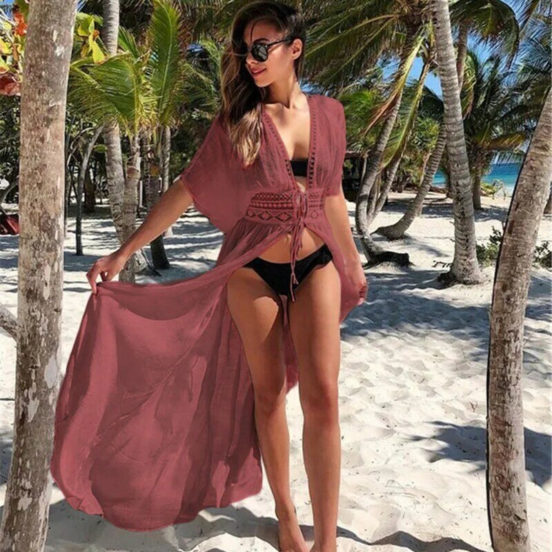High Quality Solid Color Soft 100%Polyester Women Swimsuit Cover-ups Gown With Lace Tie Flare Sleeve Slip Traditional Swimwear
