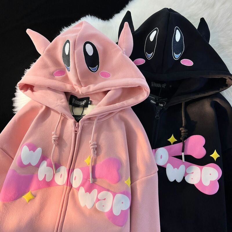 Harajuku Teufel Stickerei Hoodies Frauen Japanischen Süßen Streetwear Cartoon Lose Sweatshirt Paar Zip Up Hoodie Goth Y2k Kleidung
