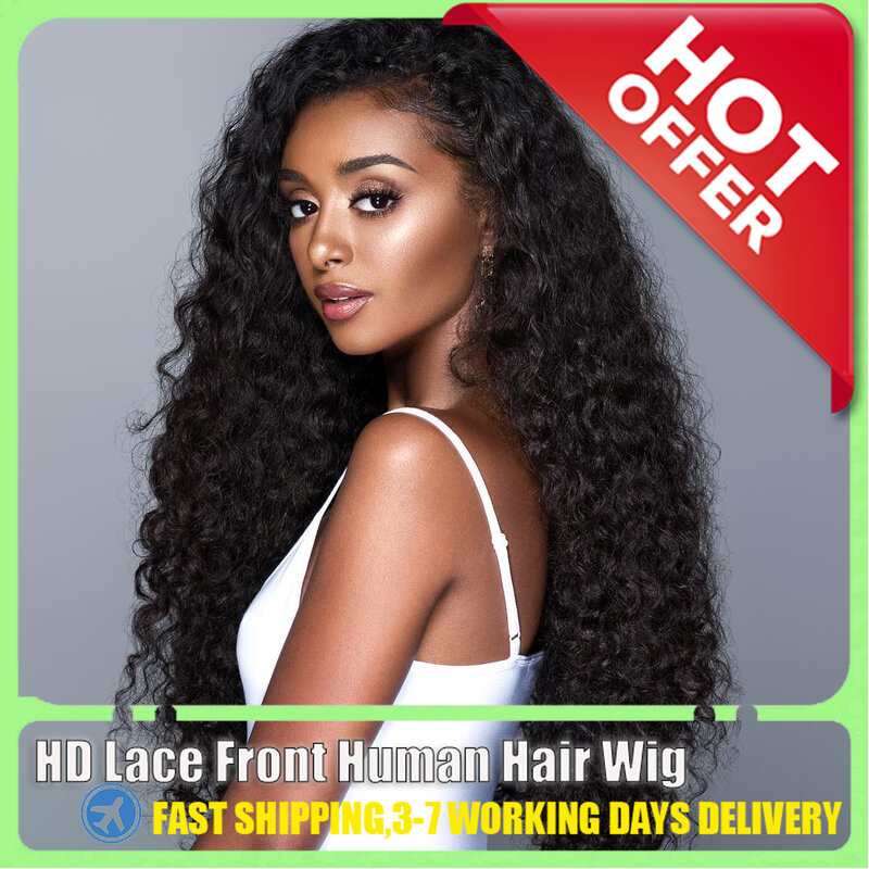 Deep Water Wave peruca de cabelo humano para as mulheres, cabelo encaracolado, HD Lace Frontal peruca, escolha barata, preto, 100%, 13x6, 40 ", na venda, apuramento