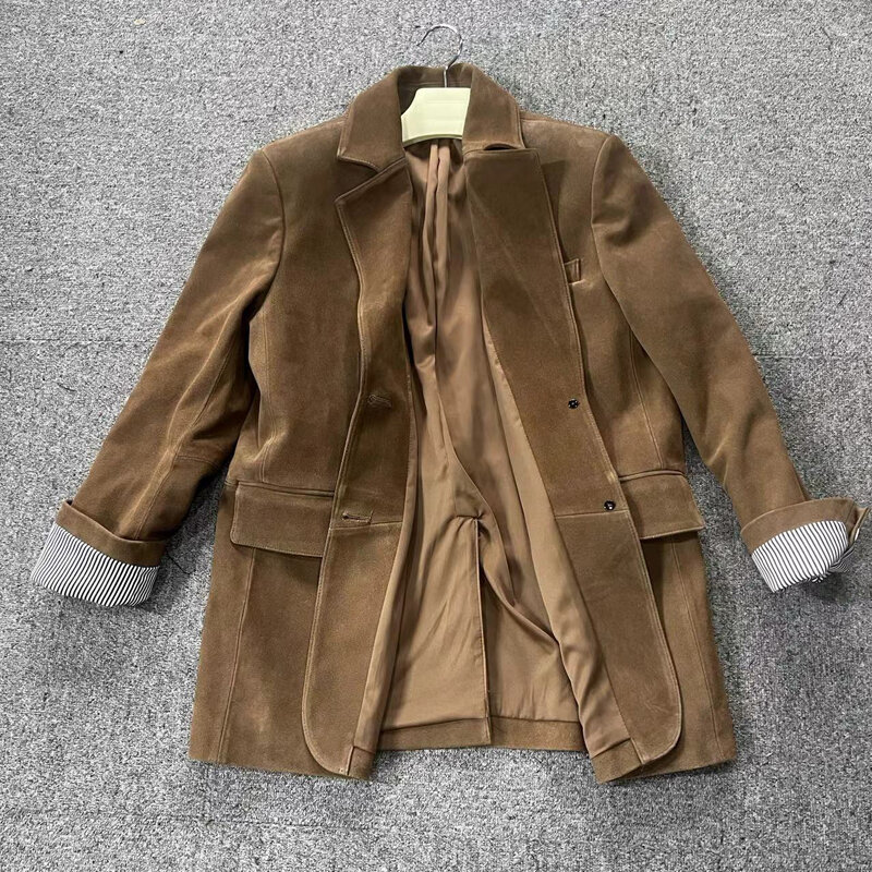 Retro nubuk zamszowy płaszcz kombinezon skórzany kobiety 2024 jesień zima oryginalne zamszowe kurtka Vintage kawa obszerna kurtka odzież wierzchnia
