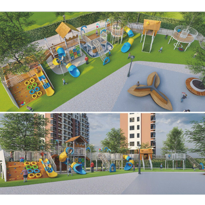 Asilo all'aperto grande combinazione di diapositive in legno struttura rampicante per bambini all'aperto casa sull'albero attrezzature per il divertimento della comunità