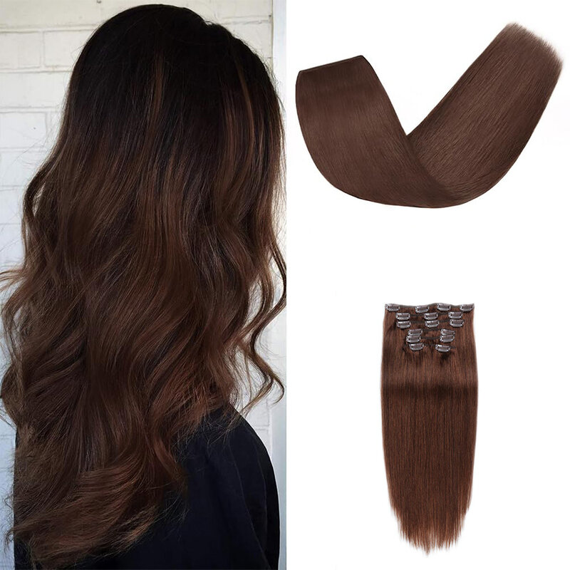 Straight Clip in Hair Extensions Human Hair Weft Seamless Invisible Clip ins Medium Brown Color 4# For Women 22-24 Inch 100g/Set