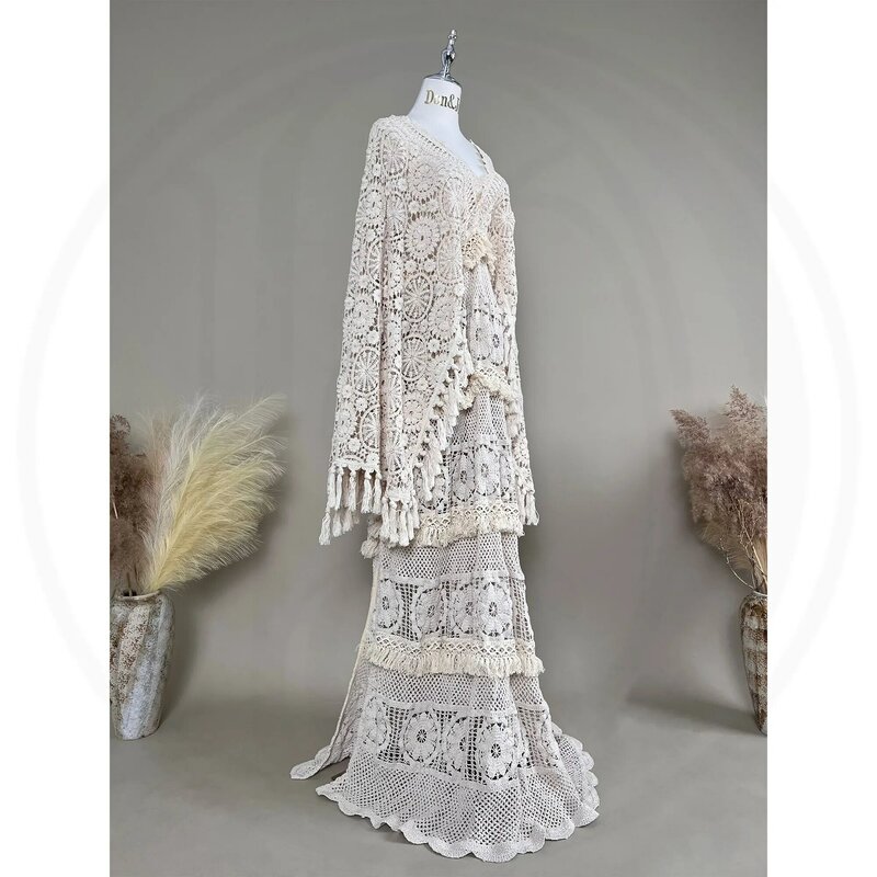 Don & Judy artystyczna suknia ślubna z kwiatowym wycięciem Fringe z długim rękawem Vintage ciąża ciąża sesja zdjęciowa sukienki suknia wieczorowa dla panny młodej