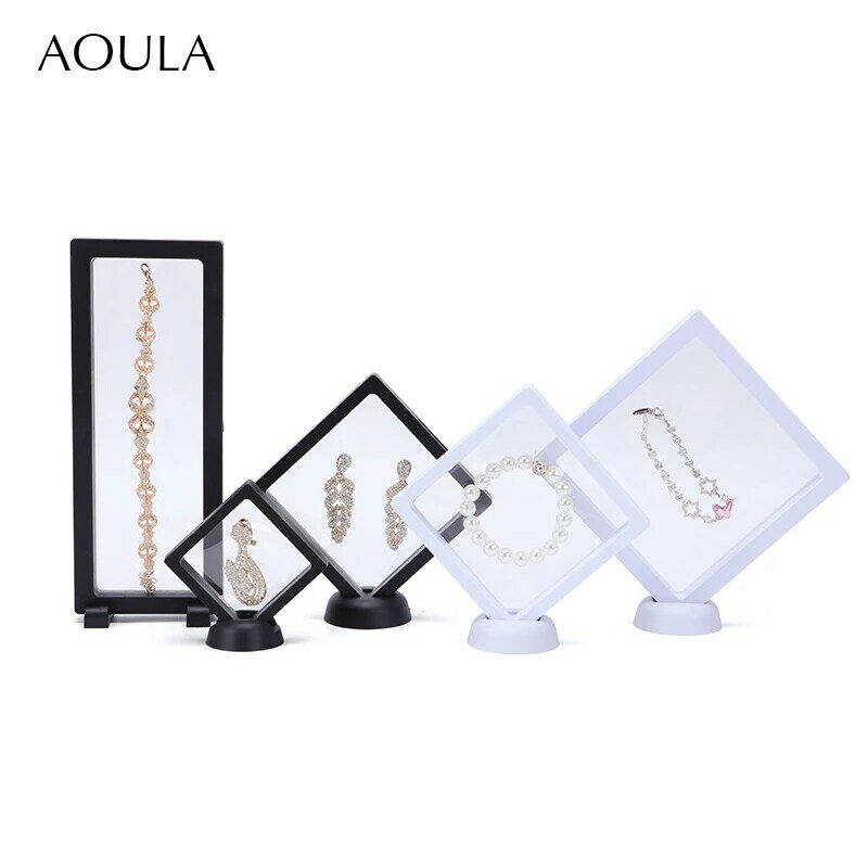 3D Floating Display Case Transparent PE Film Jewelry Storage Box for Ring Earring Necklace Bracelet Dustproof Medal Holder Stand