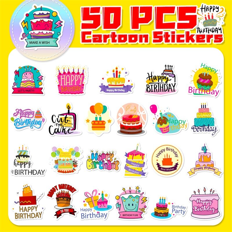 PVC Aesthetic Birthday Cake Sticker, Decoração das crianças, Scrapbooking, Papelaria coreana, Material Escolar para Crianças, 10 Pcs, 30 Pcs, 50Pcs