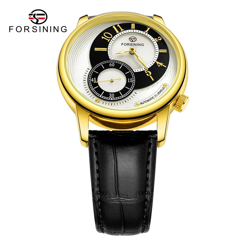 Forsining-Relógio de corda automática em couro elegante para homens, mostrador criativo, marca superior, moda de luxo, caixa dourada
