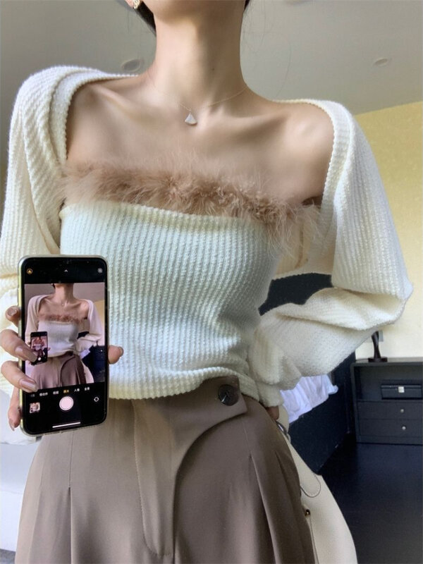 Crop Tops 2 Stück Sets Frauen zarte koreanische Mode Langarm Cardigans sexy weibliche träger lose Unterhemden schöne Frühlings kleidung
