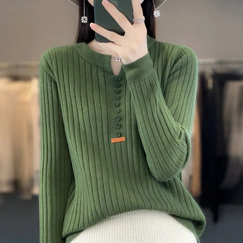 NEW Autumn Soft Knitted Pullover Women Sweater Fashion O-Neck Button Tops Ladies Elegant Knit Sweater Long Sleeve Jumper Femme