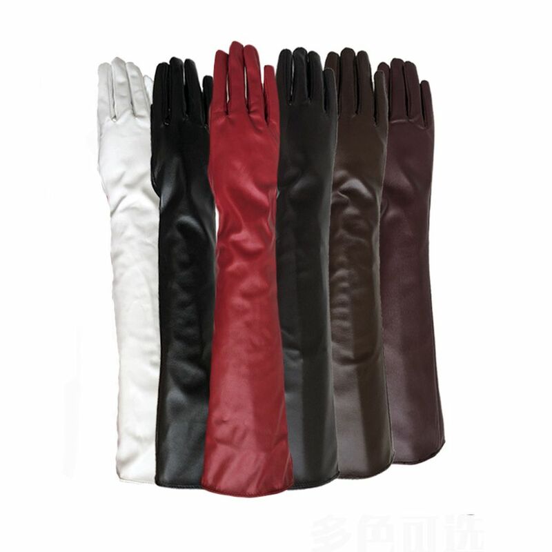 ถุงมือหนัง PU แบบเต็มนิ้วสีทึบบางๆสำหรับผู้หญิงถุงมือยาวสไตล์เกาหลี