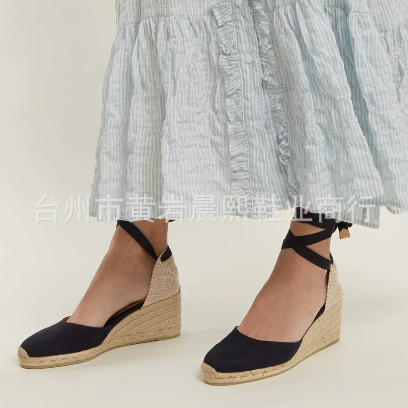 Sandálias espadrille de tornozelo para mulheres, chinelos confortáveis para senhoras, sapatos casuais, bombas respiráveis de linho cânhamo, 2024