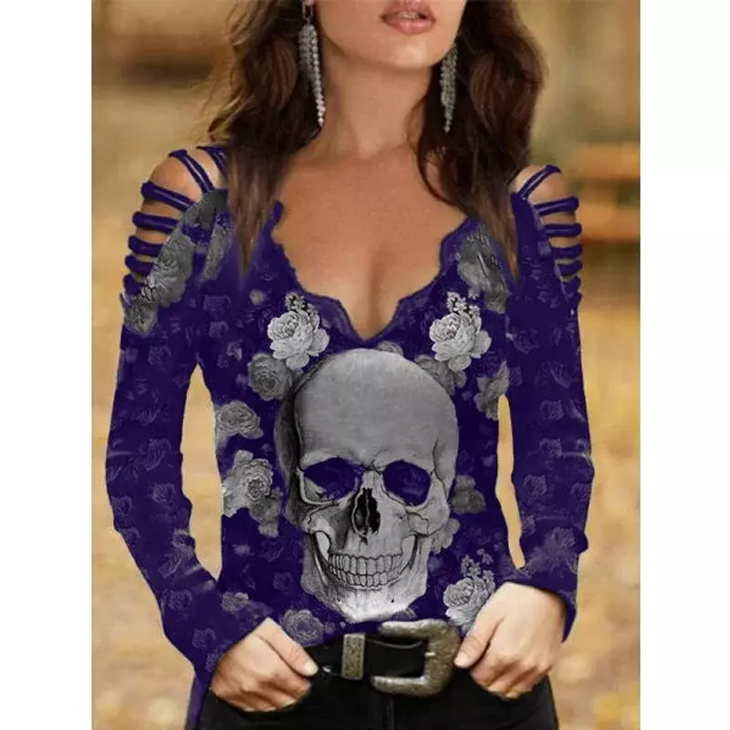 Fajna letnia nowa damska koszulka modna na co dzień z dekoltem w serek z odkrytymi ramionami seksowna czaszka z głową koszulka z nadrukiem gotyckim z dziurką długie rękawem