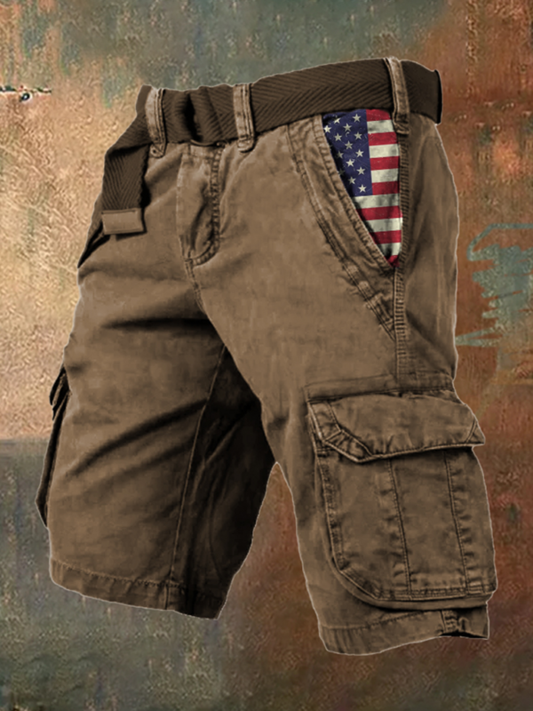 กางเกงคาร์โก้ขาสั้นวินเทจสำหรับผู้ชายกางเกงขาสั้นคาร์โก้พิมพ์ลายธงชาติ3D สบายๆแฟชั่นใหม่ฤดูร้อน