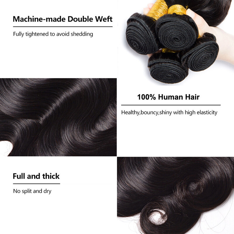 Brazilian Weaving Body Wave Pacotes, 100% cabelo humano, preto natural, 1, 3, 4 Pacotes Deal, extensões de cabelo virgem, 30 Polegada, 12A