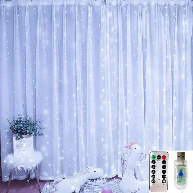 창문 LED 커튼 화환, USB 스트링 조명, 요정 축제 리모컨, 크리스마스 웨딩 장식, 홈 룸