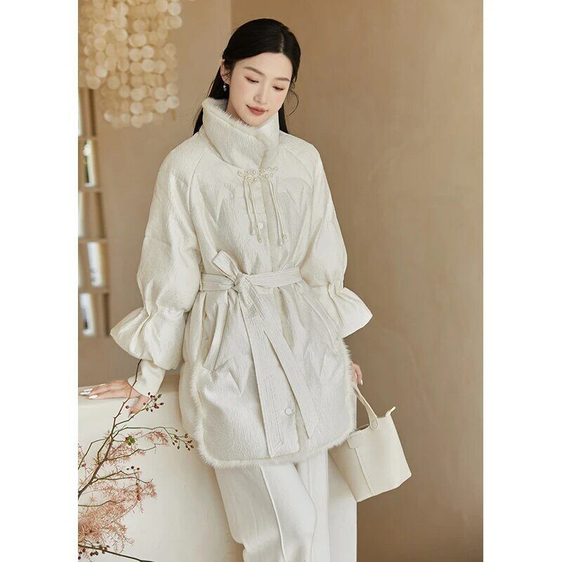 Jaket down Musim Dingin, jaket wanita Retro gaya Cina gesper 90 putih bebek bawah dipertebal jaket pas longgar