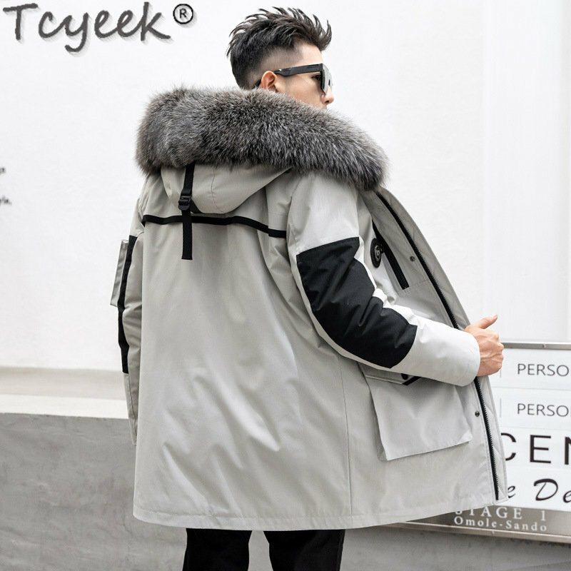 Tcyeek-メンズ毛皮の冬のコート,暖かい自然なミンクの髪の裏地,パーカー,キツネの毛皮の襟,冬の長さ