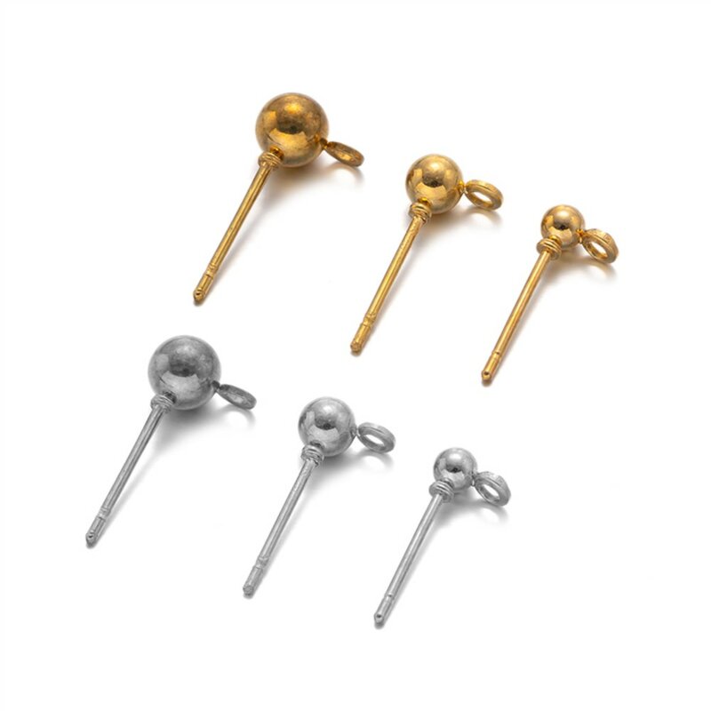 Round Ball Stud Earring Post com Loop, Fit para DIY Brincos Fazer, Jóias, Acessórios de Descobertas, Atacado, 50Pcs, 3mm, 4mm, 5mm