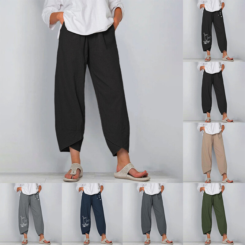Pantalones tobilleros para hombre, pantalón holgado informal de algodón y lino, cintura elástica diaria, holgado, no elástico