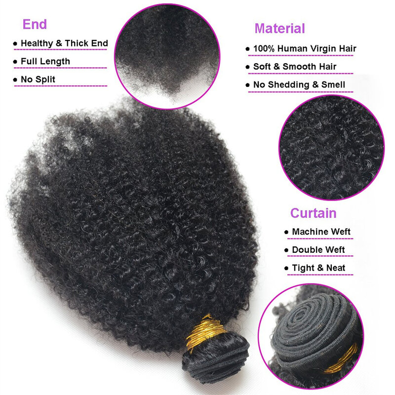 Afro Kinky Curly Hair Bundles para mulheres, extensões de cabelo humano, Brazilian Weave, Deal, 8-22 in, 1 PC, 3 Bundles