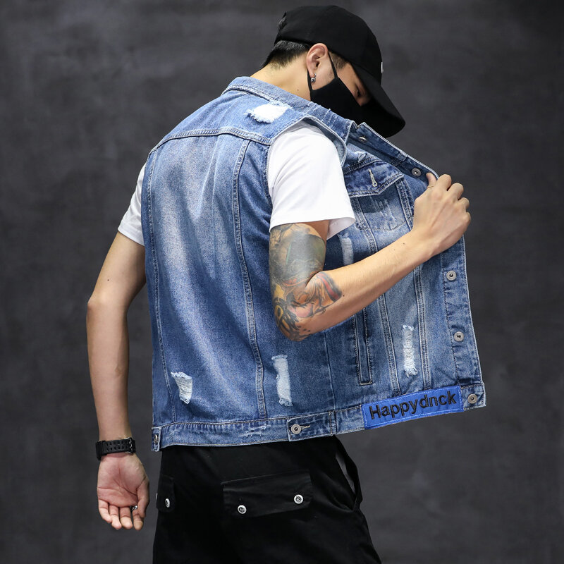 Men's Punk Style Denim Vest Sleeveless Denim Jacket Blue Fashionable Street Wear Hip-hop Denim Vest Men Clothing Plus Size 5XL-M