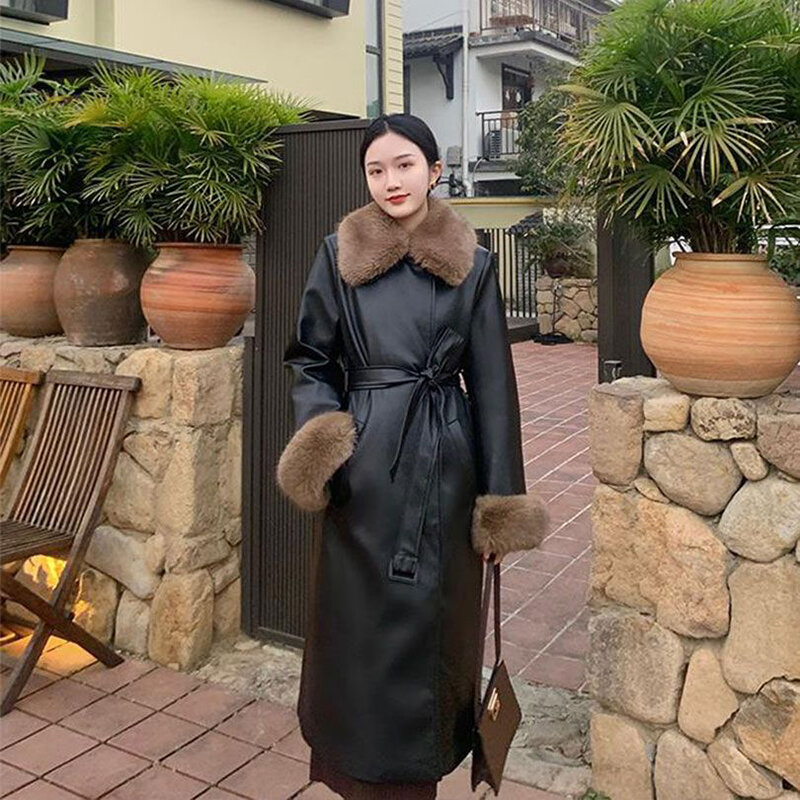 2022 nova moda outono e inverno retro breezepelt casaco feminino médio e longo cintura sênior emagrecimento quente casaco de couro