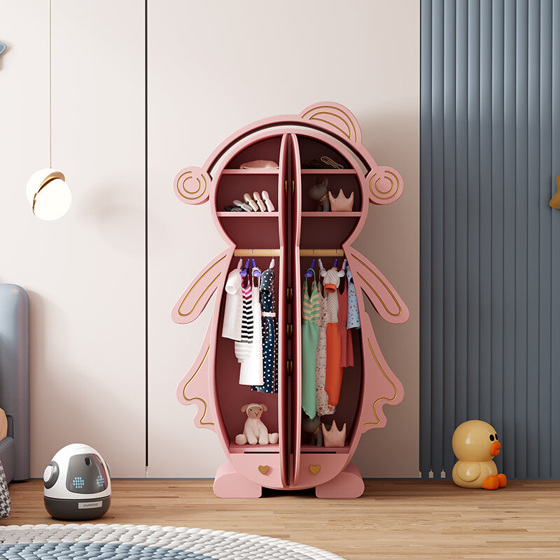Lichte Luxe Garderobe Kinderkast Klein Appartement Moderne Garderobe Cartoon Kinderen Roze Blauw Massief Hout Twee Deuren Open