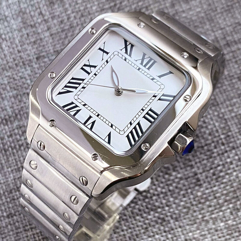 Nologo quadrado automático relógio de pulso masculino, NH35, movimento de vidro, números romanos traseiros, bracelete do negócio, relógio de presente