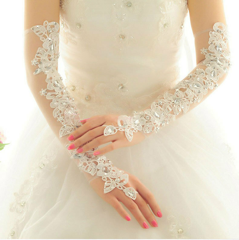 Neue lange Spitze finger lose Abend handschuh weiße Braut Hochzeits handschuhe mit Kristallen auf Lager Hochzeits zubehör Party handschuhe