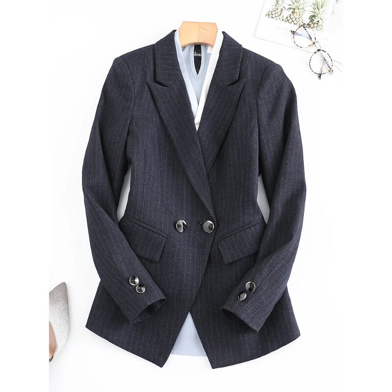 Blazer feminino com listras pretas e azuis, jaqueta de trabalho, manga comprida, peito único, casaco formal, senhoras do escritório, fêmea, negócio