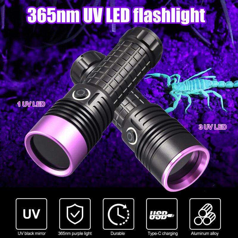 Potente linterna UV recargable de 365nm, lámpara fluorescente de detección de contaminación por aceite, luz negra, escorpión, Detector de orina para mascotas